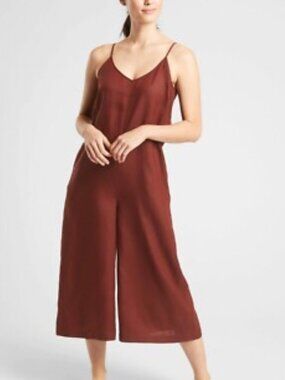 Athleta Cinnamon La Paz Wide Leg Linen Romper- Pockets- Adjustable Strap- 8